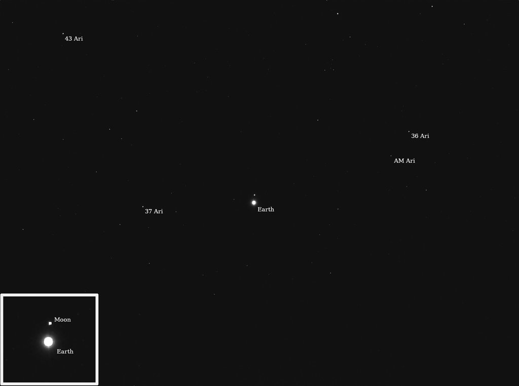 A black and white photograph of deep space where Earth appears as a bright point of light among other labeled stars. An inset in the corner shows a magnified view of the bright Earth with the much smaller Moon as a dot beside it.