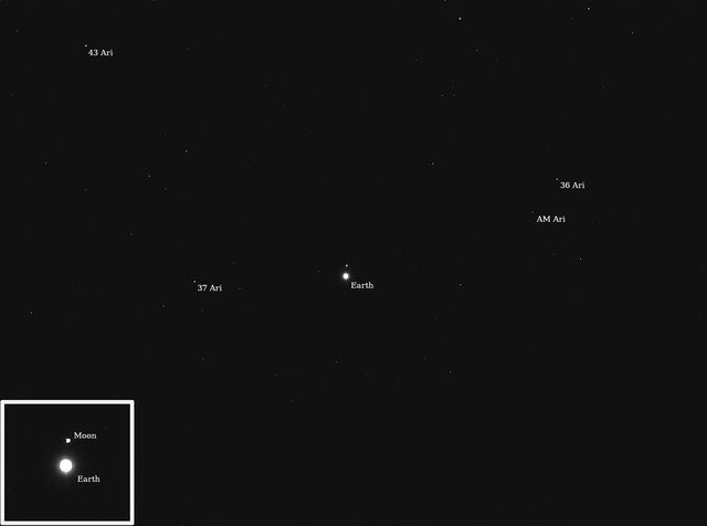A black and white photograph of deep space where Earth appears as a bright point of light among other labeled stars. An inset in the corner shows a magnified view of the bright Earth with the much smaller Moon as a dot beside it.