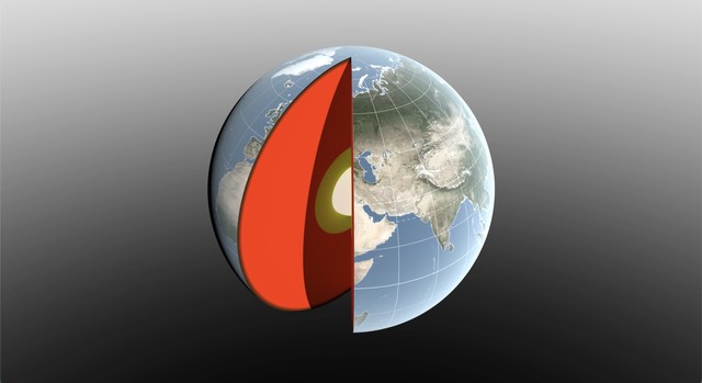 A 3D digital illustration of Earth with a slice cut away to reveal its internal layers. The exterior shows a realistic view of the globe, focusing on Europe, Asia, and Africa with visible geographic features and grid lines.
