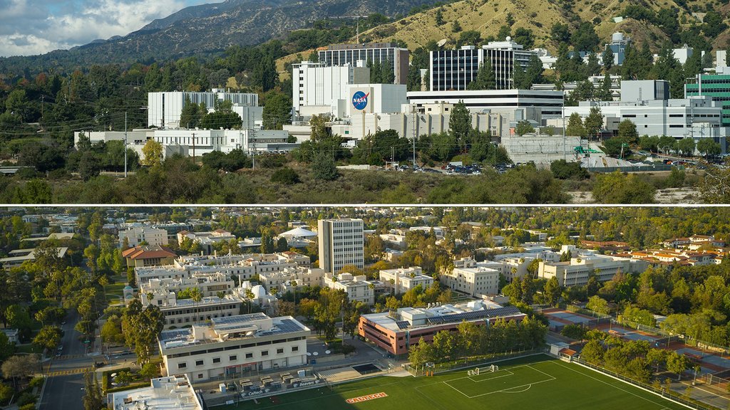 A split image showing two locations. Top: NASA's Jet Propulsion Laboratory (JPL) campus at the base of a large, green mountain. Bottom: An aerial view of the Caltech university campus, including a soccer field and various academic buildings.