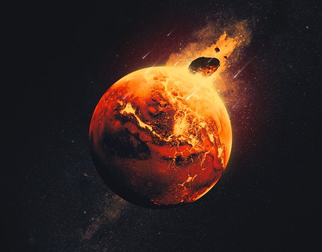 Scientists believe giant impacts — like the one depicted in this artist's concept — occurred on Mars 4.5 billion years ago, injecting debris from the impact deep into the planet's mantle.