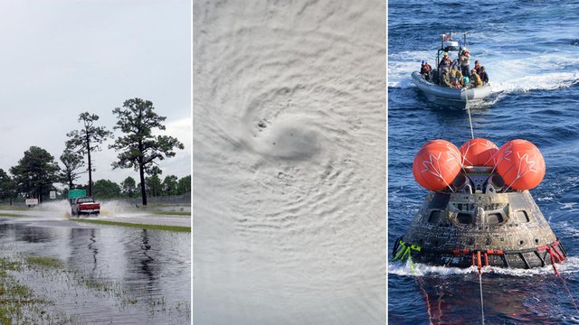 A three-image composite showing a flooded road, the eye of a hurricane from space, and a space capsule with orange flotation devices being recovered from the ocean by a boat.