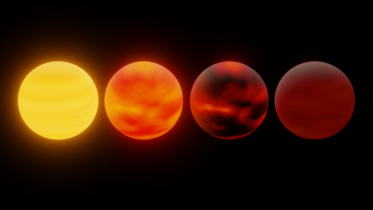 NASA illustration showing four brown dwarfs at different atmospheric temperatures, ranging from bright yellow to deep red