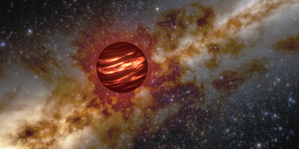 An artist's concept of a brown dwarf, a reddish-brown sphere with glowing orange bands. The object floats in deep space against a backdrop of a swirling yellow and red nebula and a dense field of distant stars.