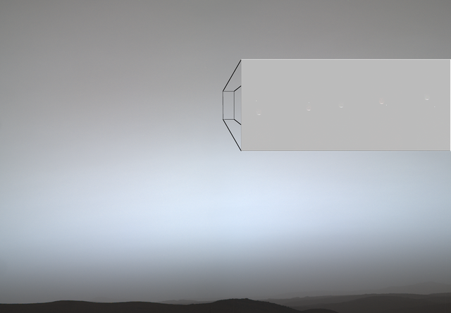 A desolate landscape with a dark horizon sits under a hazy, gray-blue sky. A large rectangular inset in the sky, connected by lines to a smaller rectangle, shows a sequence of five faint crescent shapes with a tiny bright dot moving downward.