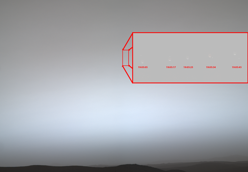A dark horizon under a hazy gray-blue sky. A red-outlined rectangular inset, connected by lines to a smaller rectangle, shows five faint crescent shapes with a bright dot moving downward. Timecodes beneath each crescent indicate a span of 40 seconds.