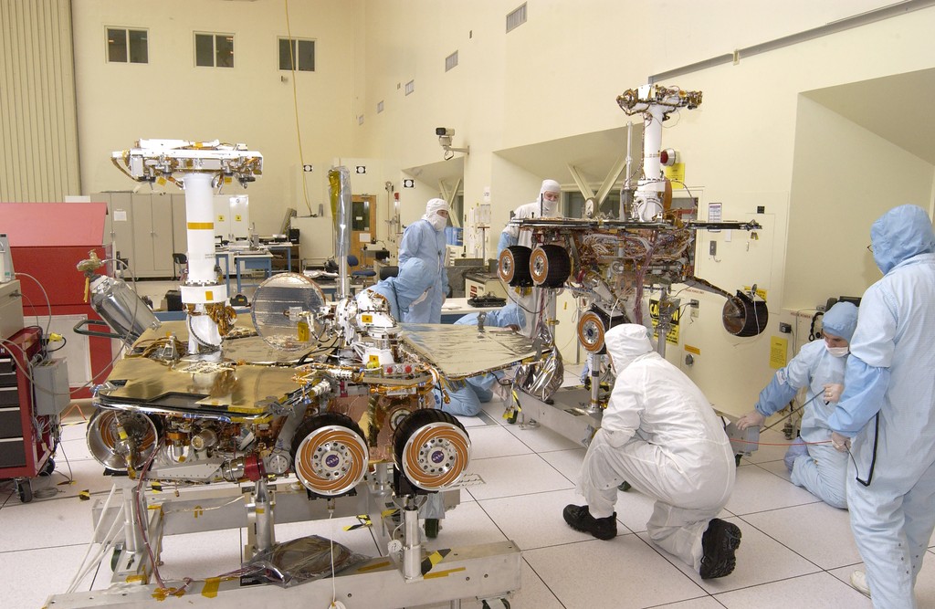 MER-1 and 2 complete and together in Spacecraft Assembly Facility.