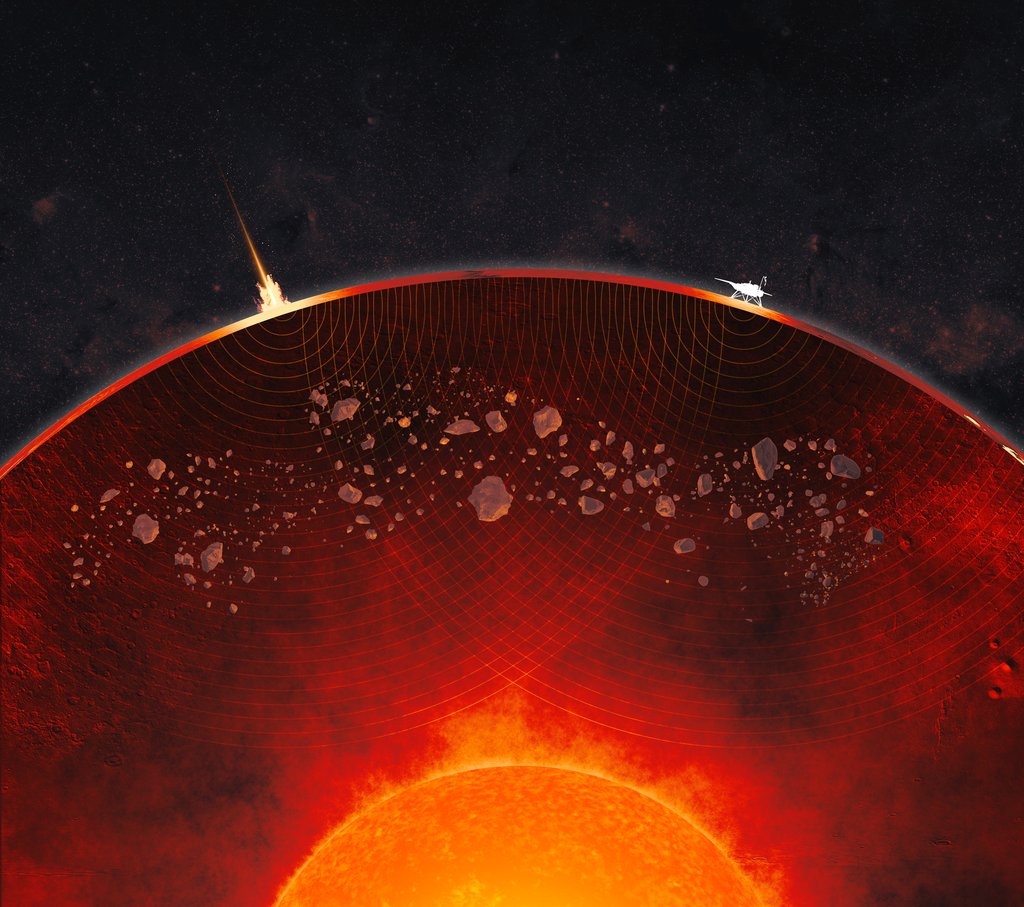 A cutaway view of Mars in this not-to-scale artist’s concept reveals debris from ancient impacts scattered through the planet’s mantle.