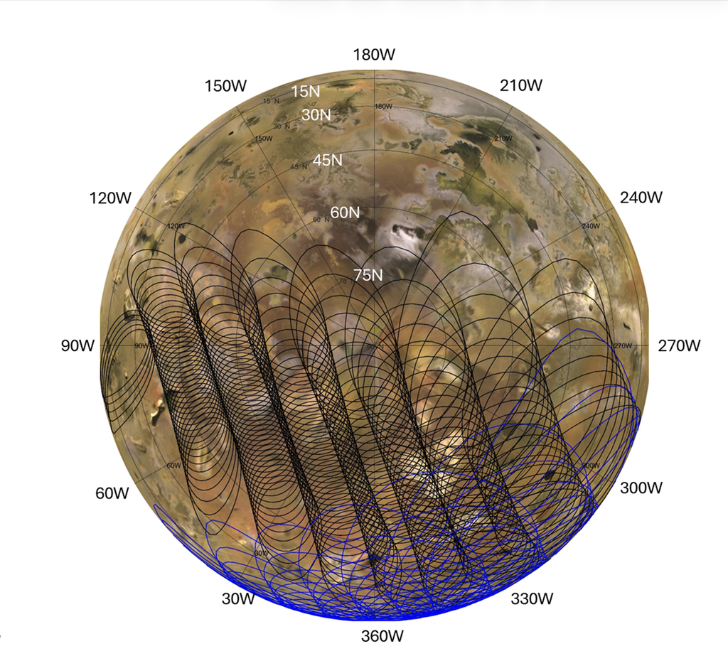A spherical projection of Io overlaid with a latitude and longitude grid. Broad, curved tracks — composed of overlapping ellipses crossing the surface — are black across the center and left of the globe, transitioning to blue toward the lower right.