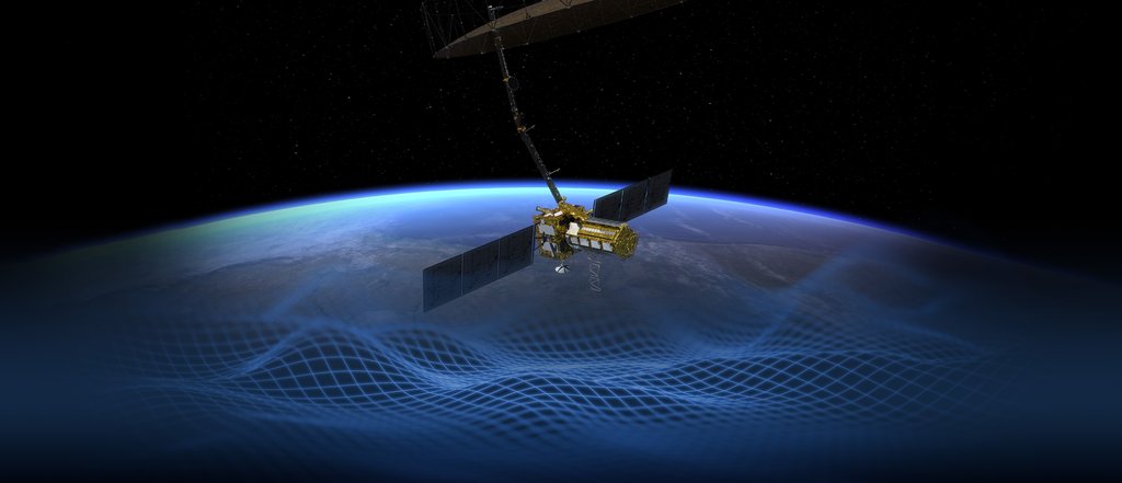 NISAR spacecraft in orbit over the curved horizon of Earth (artist's concept)