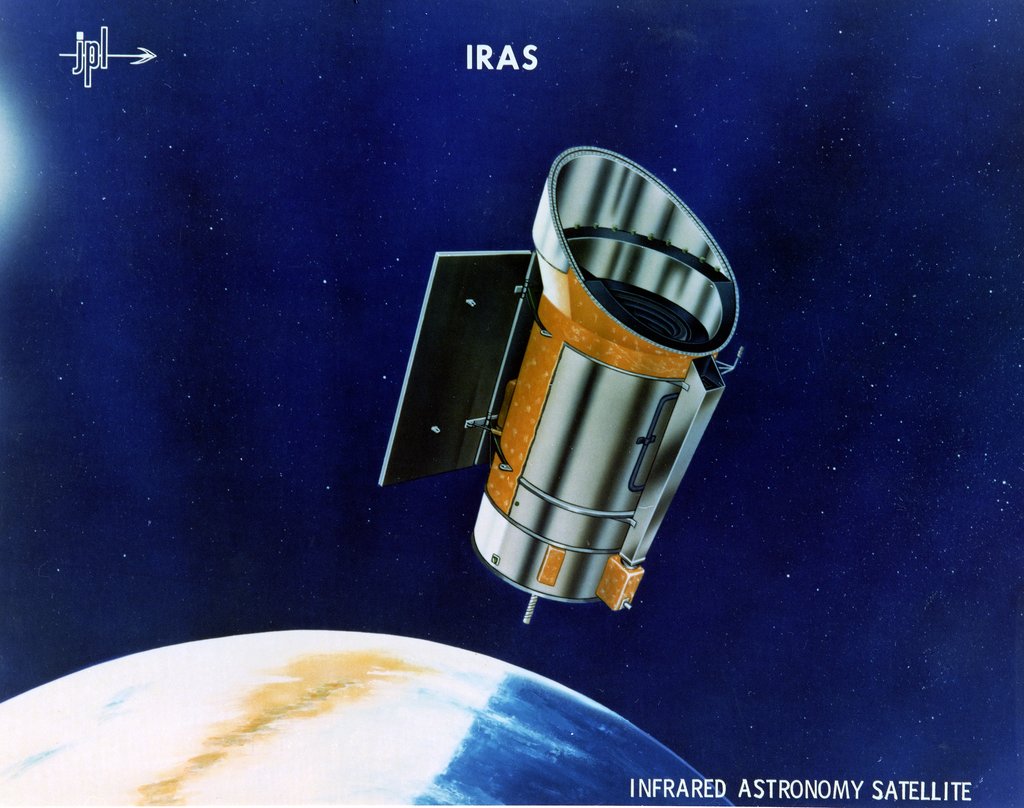 Artist's concept of the IRAS Infrared Astronomy Satellite orbiting Earth against a star-filled blue space backdrop, with solar panels extended and telescope aperture visible.