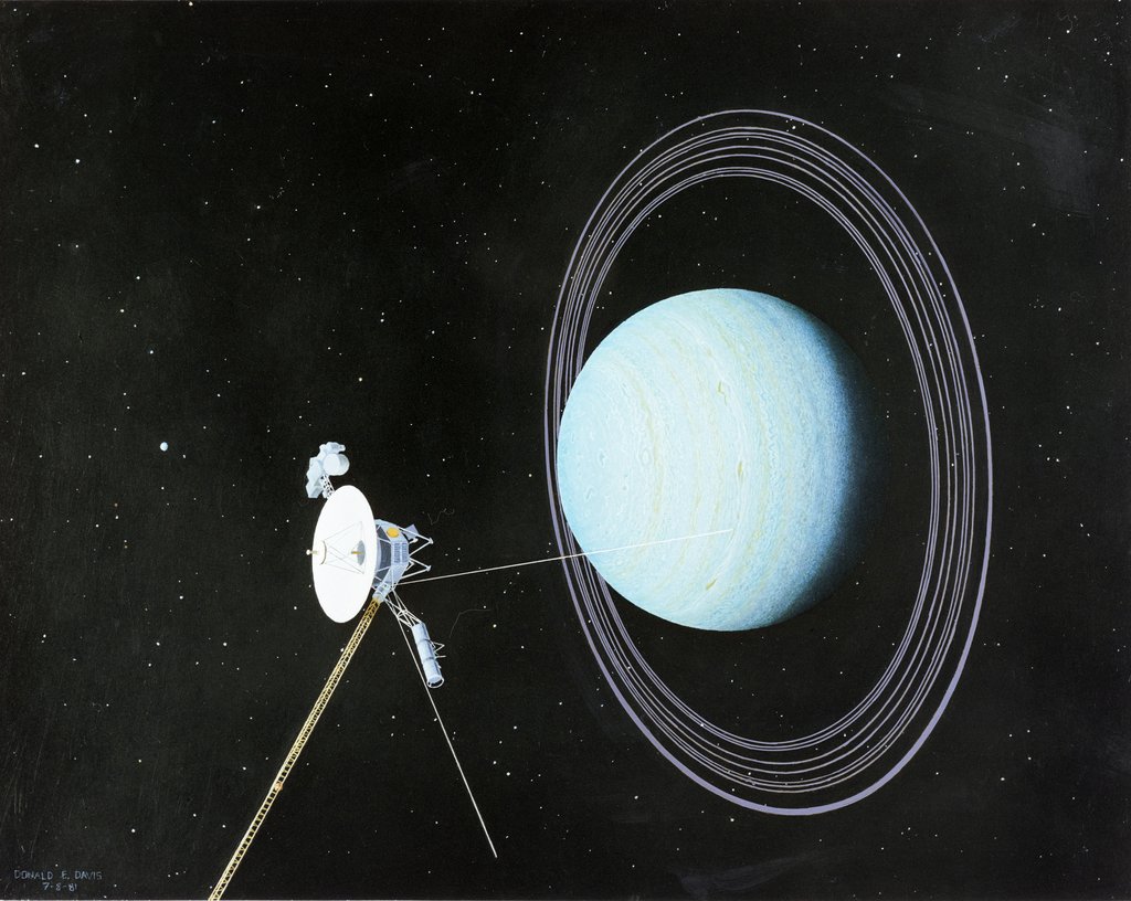 Artist Donald Davis’s 1981 painting of the Voyager 2 spacecraft approaching Uranus. The pale blue, banded planet is shown with its thin, vertical ring system against a black, starry void, commemorating the 40th anniversary of the 1986 encounter.