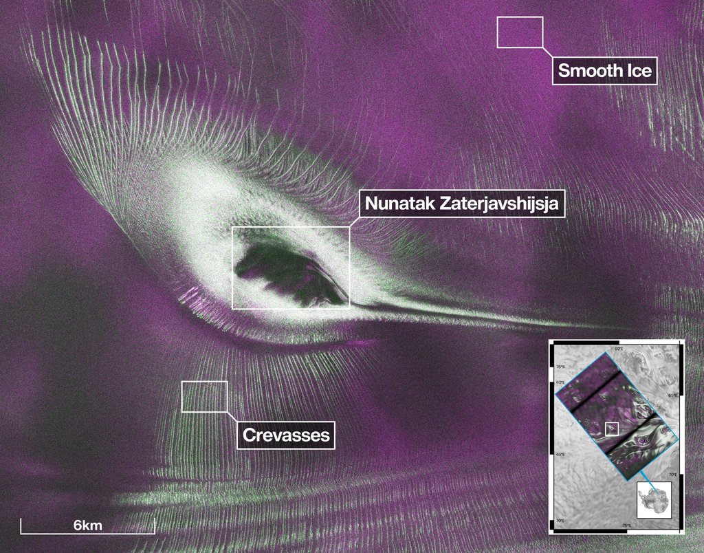 Description Data from the Earth-orbiting U.S.-India NISAR (NASA-ISRO Synthetic Aperture Radar) satellite’s L-band radar was used to produce an image of Nunatak Zaterjavshijsja — a mountaintop in East Antarctica — poking out amid a stream of ice...