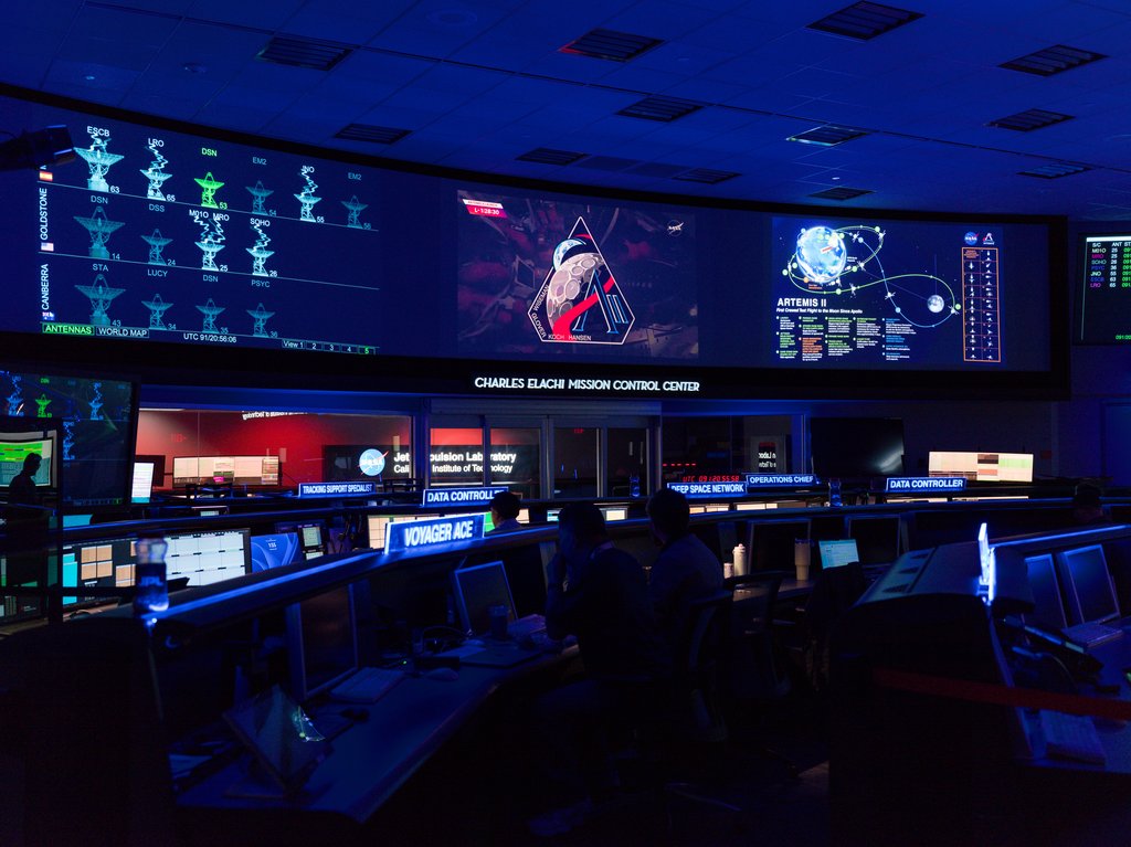 Description The Artemis II mission patch appears in the center screen of the Space Flight Operations Facility at NASA’s Jet Propulsion Laboratory in Southern California on April 1, 2026, shortly before the mission launched to the Moon. A graphical...