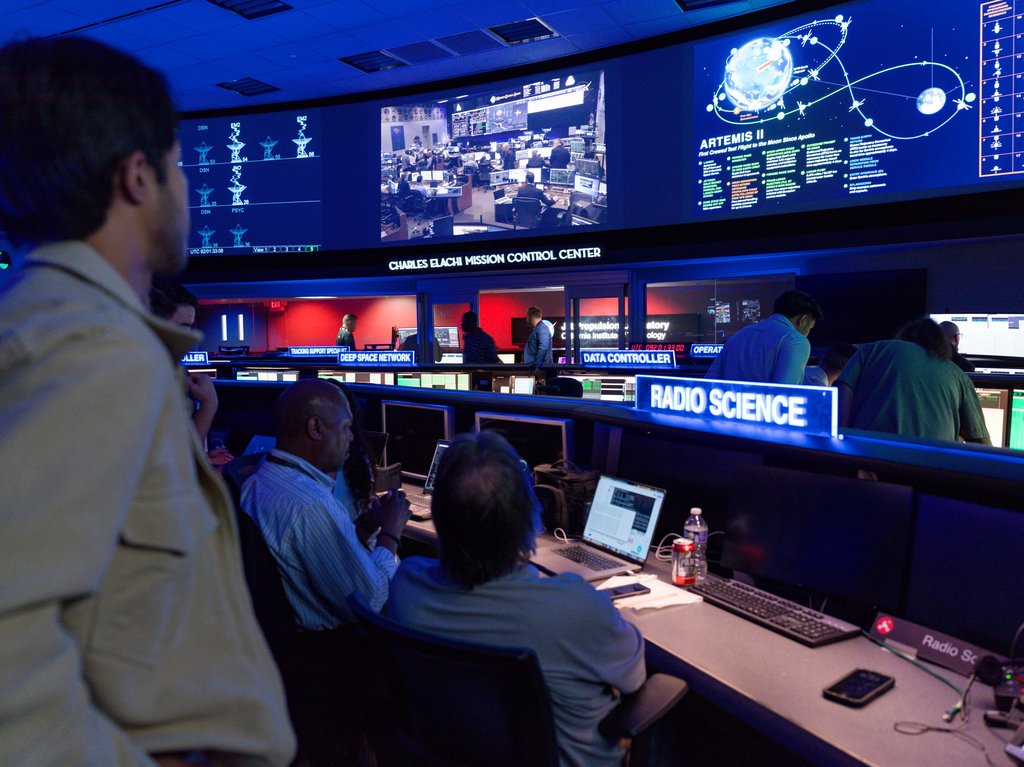 Description Staff at NASA’s Jet Propulsion Laboratory in Southern California watch the agency’s Artemis II mission unfold soon after launch on April 1, 2026, at the Space Flight Operations Facility, which operates the Deep Space Network (DSN). The DSN...