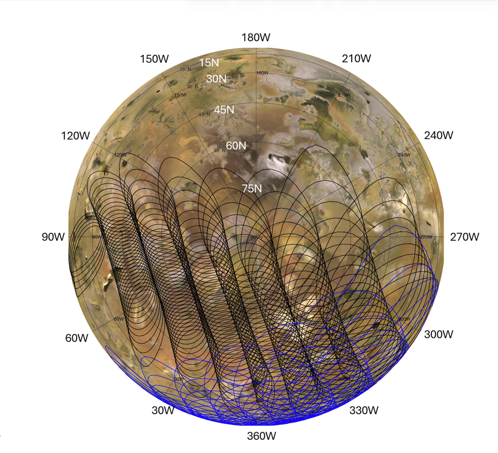 Description This graphic illustrates the areas of Jupiter’s moon Io sampled by the Microwave Radiometer (MWR) instrument aboard NASA’s Juno spacecraft during two close flybys. The black overlapping lines show the instrument’s footprints during...