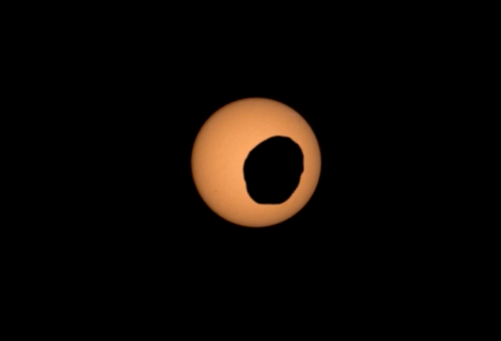 Description NASA’s Perseverance Mars rover used its Mastcam-Z camera to capture the silhouette of Phobos, one of the two Martian moons, as it crossed in front of the Sun on Aug. 12, 2026, the 1,948th Martian day, or sol, of the mission.  The animation...