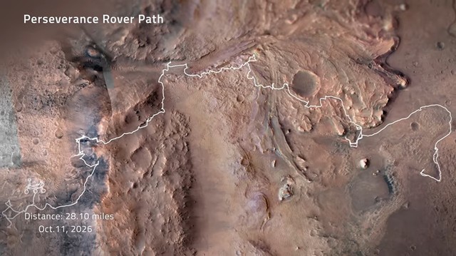 Overhead image of the Martian surface showing the driving path of the NASA Mars rover Perseverance since it landed.