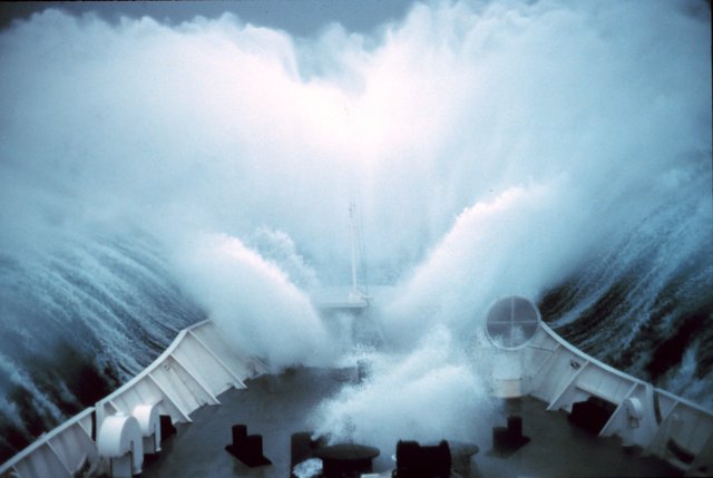 A ship plows through rough seas in the Bering Sea in the aftermath of Typhoon Tip
