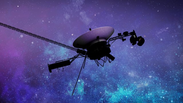 An artist’s rendering of a Voyager spacecraft silhouetted against a vibrant purple and teal nebula.