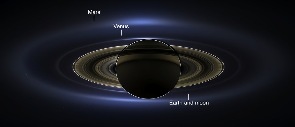 On July 19, 2013, Cassini slipped into Saturn's shadow and turned to image the planet, seven of its moons, its inner rings and Earth.