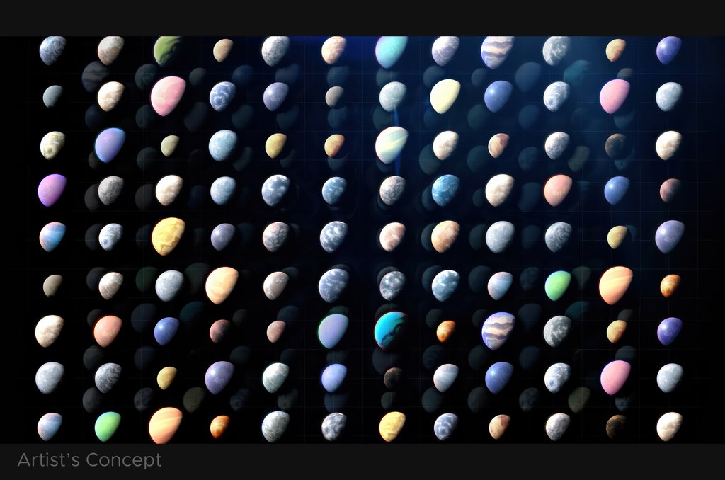 Un concepto de artista que muestra una cuadrícula de docenas de exoplanetas diversos sobre un fondo oscuro. Los planetas varían en color, tamaño y textura, lo que ilustra la vasta variedad de mundos descubiertos más allá de nuestro sistema solar
