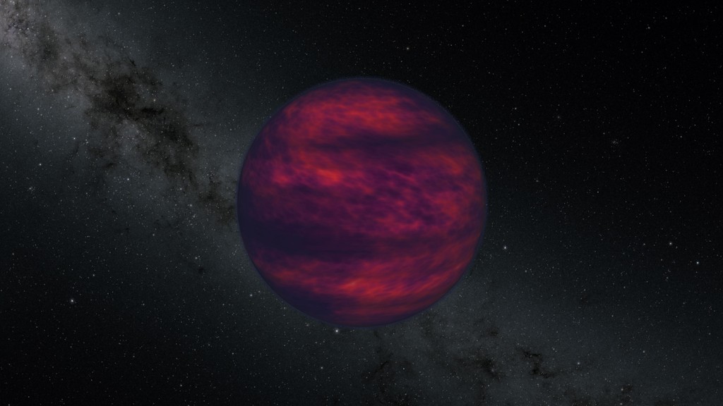 An artist's impression of a planet-like brown dwarf floating in space, glowing with a dull, mottled reddish-purple light against a dark background of stars and the faint band of a galaxy.