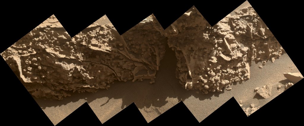 A close-up, panoramic mosaic of Martian rock formations featuring a "boxwork" pattern. The reddish-brown structures are covered in small, rounded nodules and thin, protruding ridges, casting shadows over a sandy surface below.