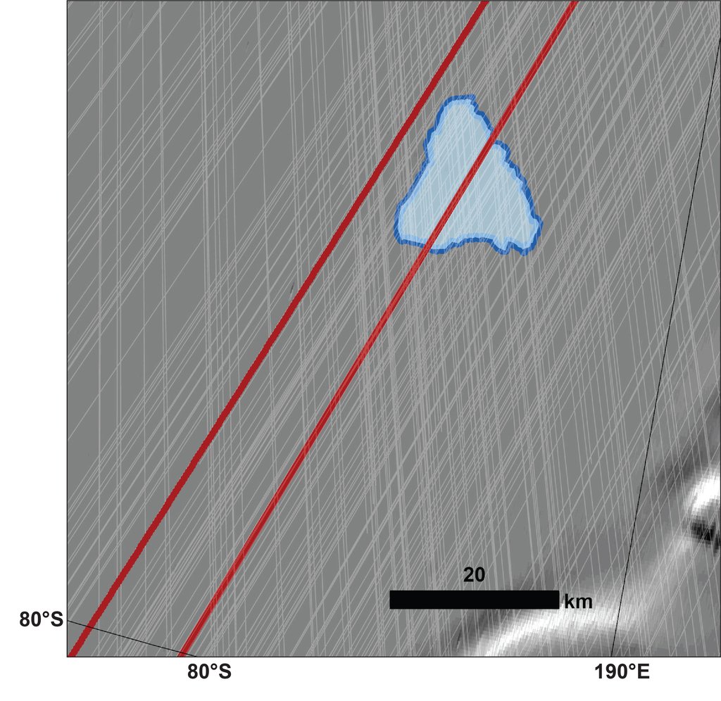 A map shows a Martian subglacial lake (blue) at 80 degrees S, 190 degrees E. Thin white lines mark radar tracks on the grey surface. Thick red lines highlight the radar path used for detection.