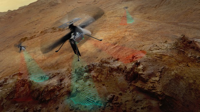 Three drone helicopters fly over a barren, reddish-brown rocky landscape. The foreground drone and two smaller drones in the background all project wavy, translucent red and green beams of light downward onto the rugged terrain below.