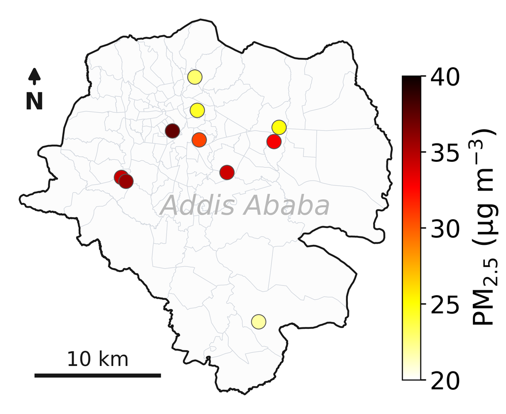 A geographic map of Addis Ababa displays localized PM2.5 pollution levels, using a color bar ranging from yellow to red highlighting air quality variations from 20 to 40 micrograms per cubic meter across 10 monitoring stations.