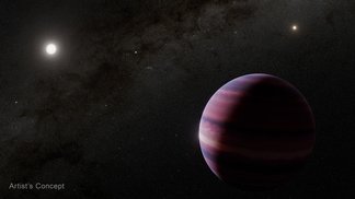 An artist's illustration of a rocky, cratered planet in the Alpha Centauri system. In the sky, a large yellow sun and a smaller red sun shine among many distant stars.