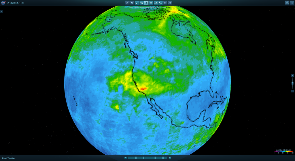 Screengrab from NASA's Eyes on the Earth showing carbon monoxide concentrations in the US