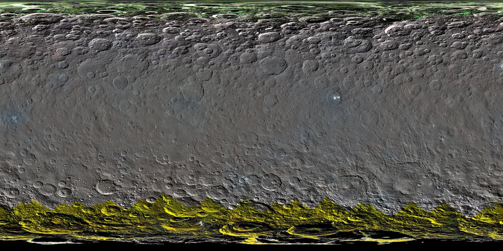 The map is a Mercator projection and has a resolution of 460 feet (140 meters) per pixel. The images used to make this map were taken from Dawn's high-altitude mapping orbit (HAMO), at a distance of 915 miles (1,470 kilometers) from Ceres.