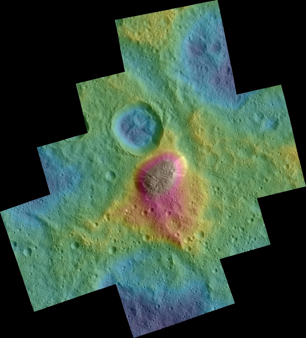 These color topographic views from NASA's Dawn spacecraft show variations in surface height around Ahuna Mons, a mysterious mountain on Ceres.