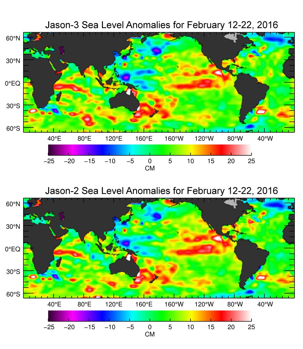 The U.S./European Jason-3 satellite has produced its first map of sea surface height. El Nino is visible as the red blob in the eastern equatorial Pacific.