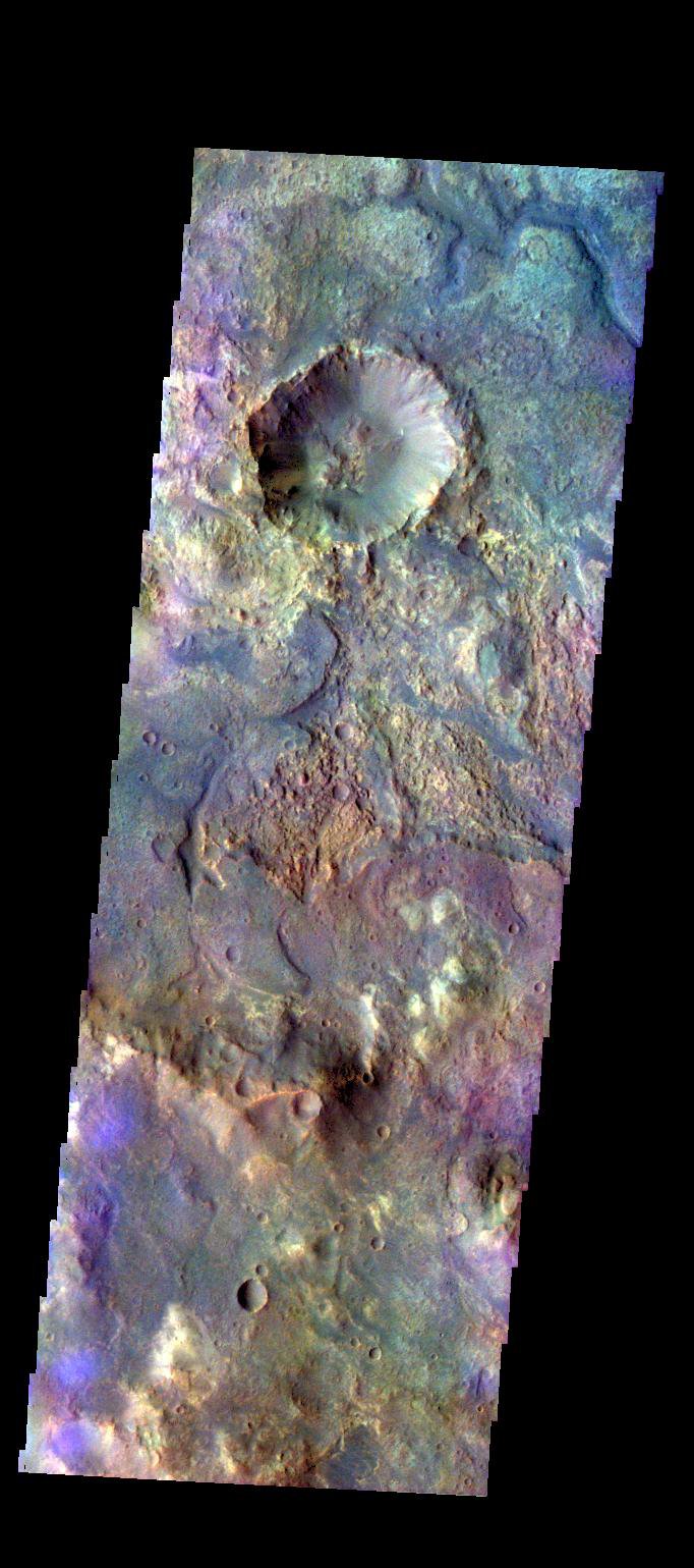 The THEMIS camera contains 5 filters. The data from different filters can be combined in multiple ways to create a false color image. This image from NASA's 2001 Mars Odyssey spacecraft shows some of the plains of Sabaea Terra.