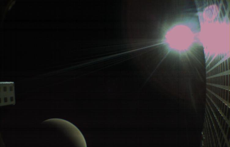On Nov. 26, 2018, MarCO-B, one of NASA's Mars Cube One (MarCO) CubeSats, took this image of Mars from about 10,900 miles (17,500 kilometers) away just after NASA's InSight spacecraft landed on Mars.