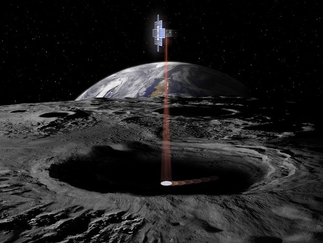 An spacecraft orbiting the Moon shines a laser into a dark crater.