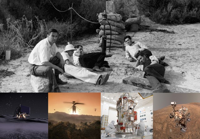 A photo collage featuring five men resting outdoors above four panels showing space exploration hardware: a lunar drone, helicopters over Mars, technicians working on a tall spacecraft in a clean room, and a Mars rover.