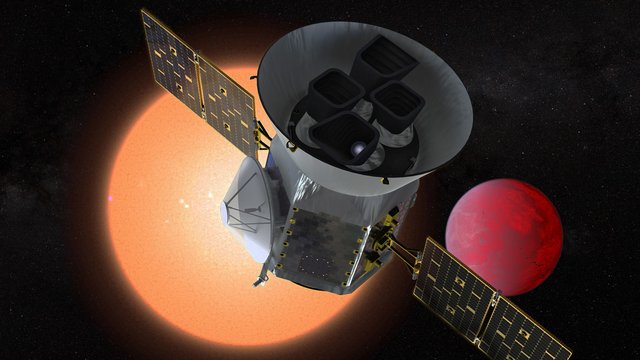 A spacecraft points to a glowing orange star that has a red planet orbiting it.